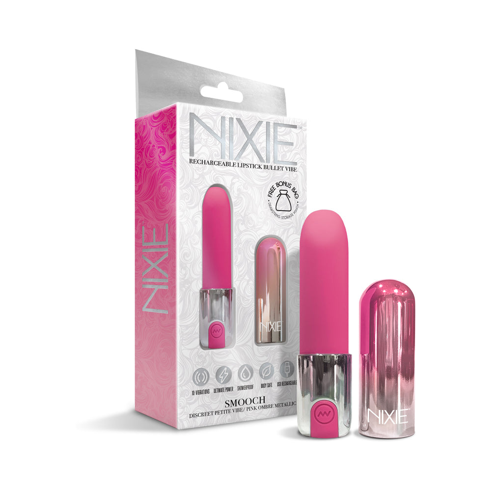 Vibrador tipo bala con lápiz labial recargable Nixie Smooch, color rosa degradado