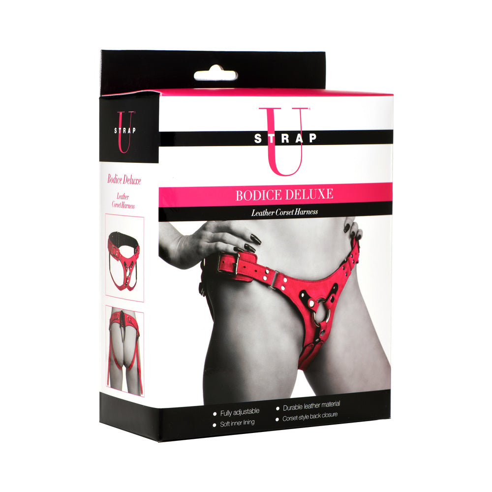 Arnés de corsé de cuero de lujo con corpiño en forma de U y correa en color rosa