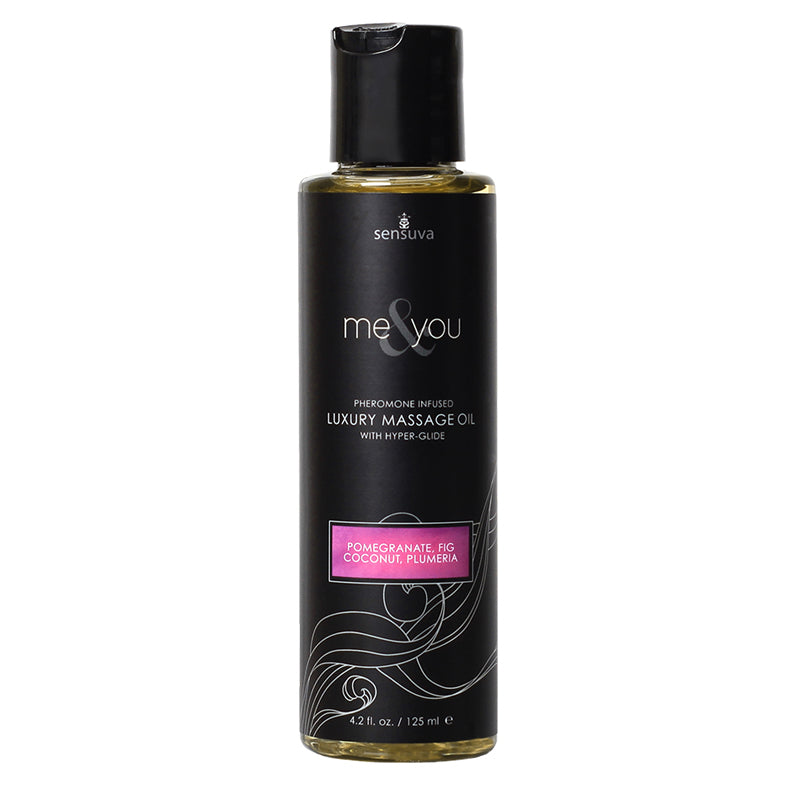 Aceite de masaje de lujo con infusión de feromonas Sensuva Me & You, granada, higo, coco y plumeria, 4,2 oz.