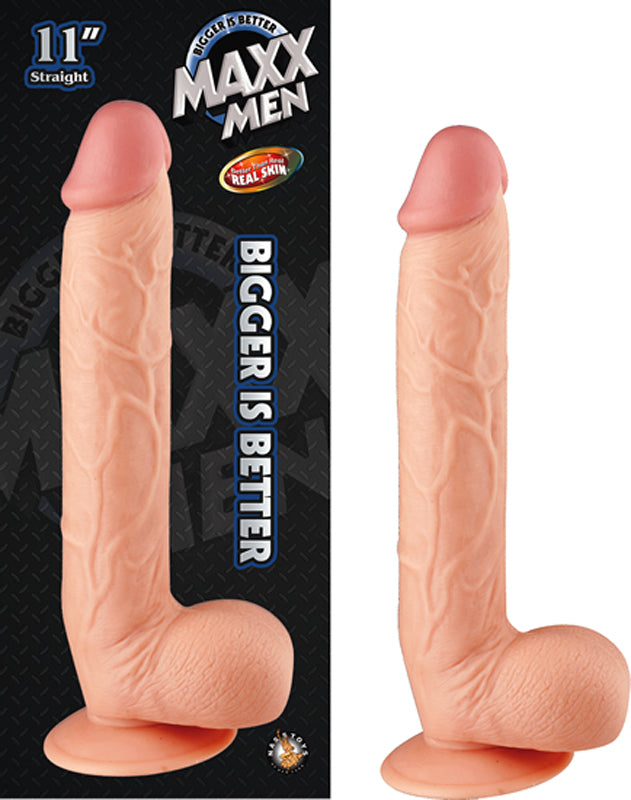 Maxx Men - Pene recto de piel auténtica de 28 cm con testículos y ventosa (marfil)