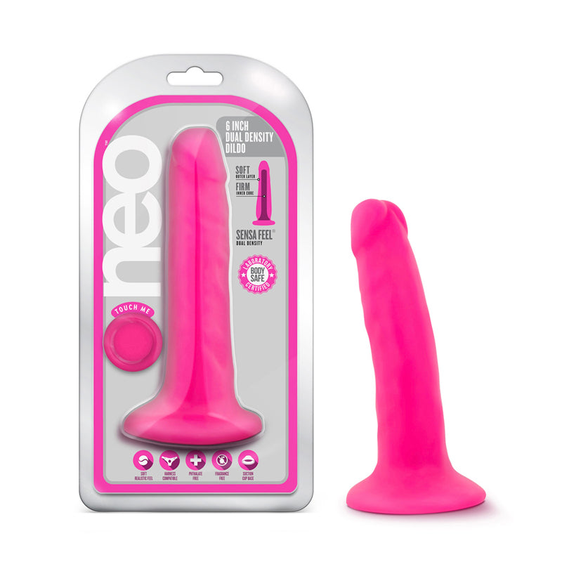 Consolador Blush Neo de 6 pulgadas de doble densidad con ventosa rosa neón