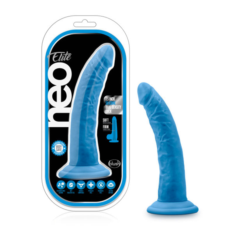 Consolador Blush Neo Elite de silicona de doble densidad de 19 cm con ventosa, color azul neón