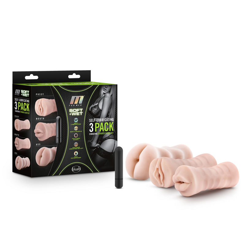 Kit de 3 fundas vibratorias autolubricantes Blush M for Men Soft + Wet, color beige