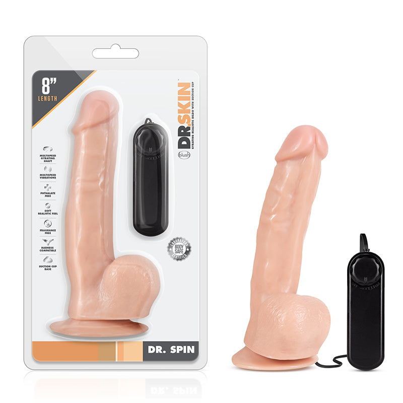 Consolador realista giratorio y vibrador Blush Dr. Skin Dr. Spin de 20 cm con bolas y ventosa beige