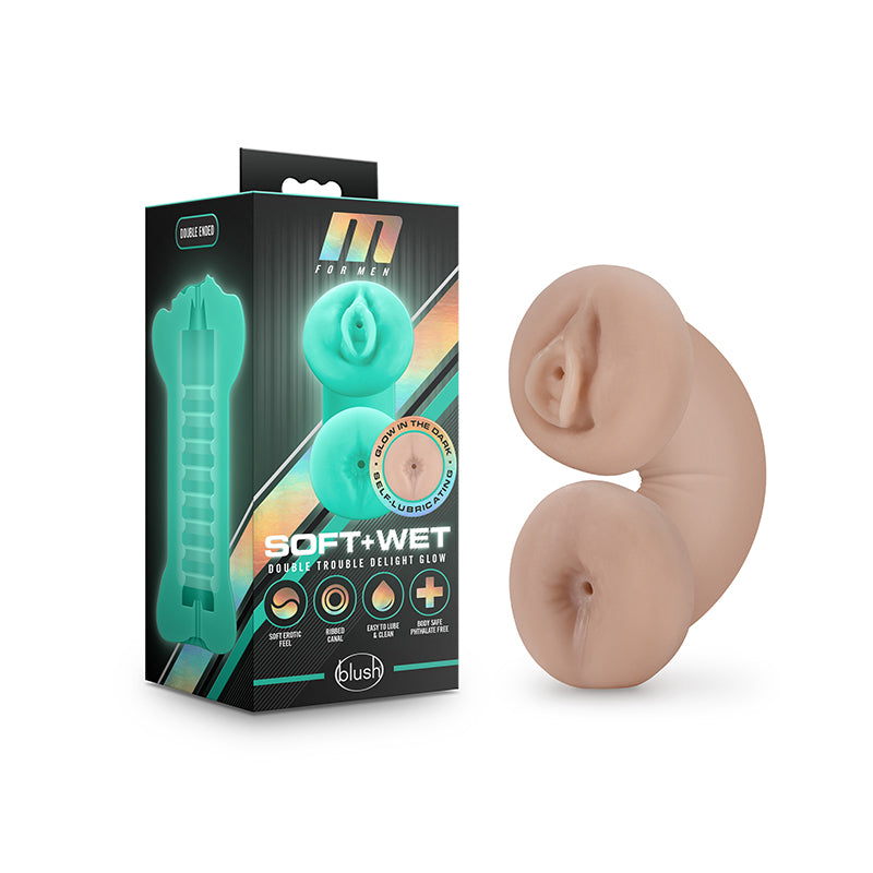 Blush M for Men Soft + Wet Double Trouble - Masturbador autolubricante de doble entrada que brilla en la oscuridad, color beige