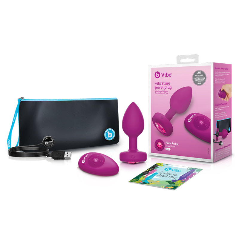 Plug anal recargable con control remoto y joya vibratoria b-Vibe con base de gema, color rosa rubí, talla S/M