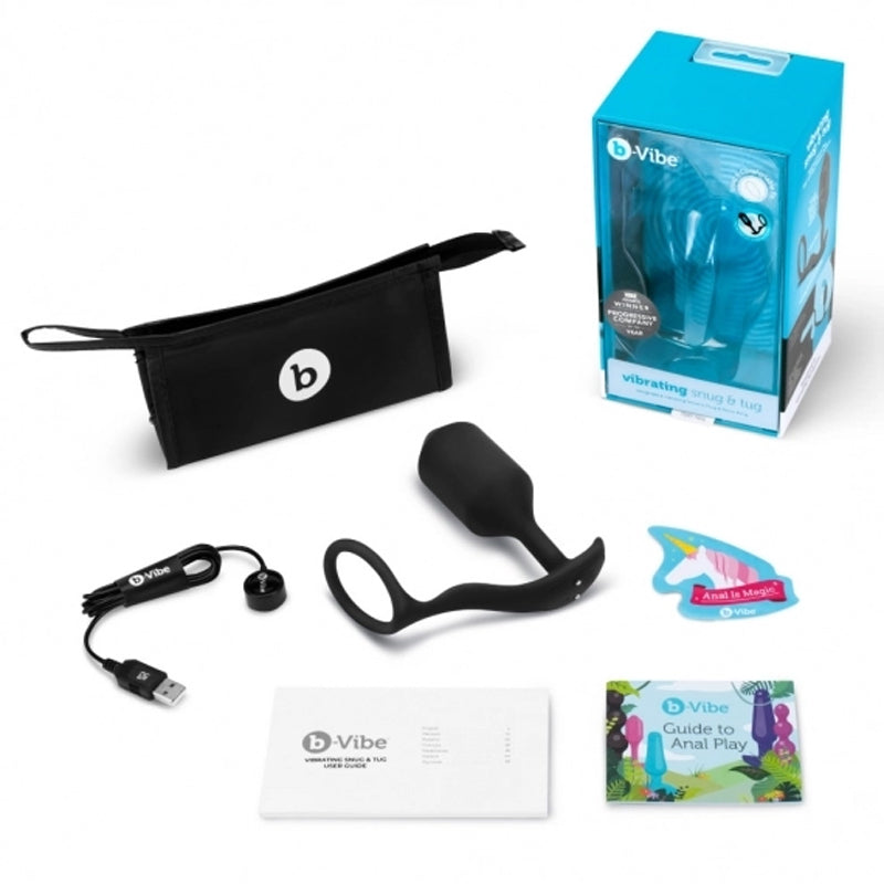 Tapón anal de silicona con peso, recargable, con anillo para el pene, b-Vibe Snug & Tug, XL, color negro