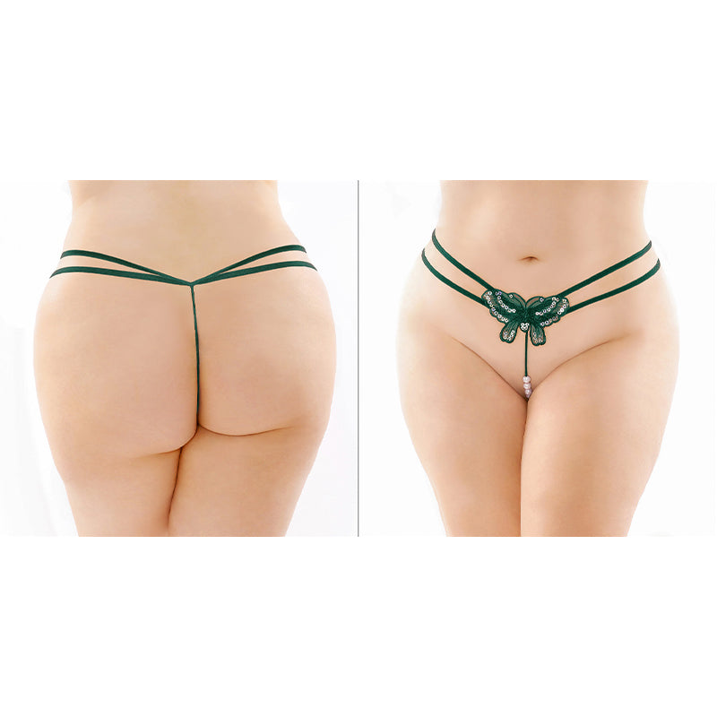 Tanga de tiras con mariposas, lentejuelas y zinnias de Fantasy Lingerie, color verde, talla Queen
