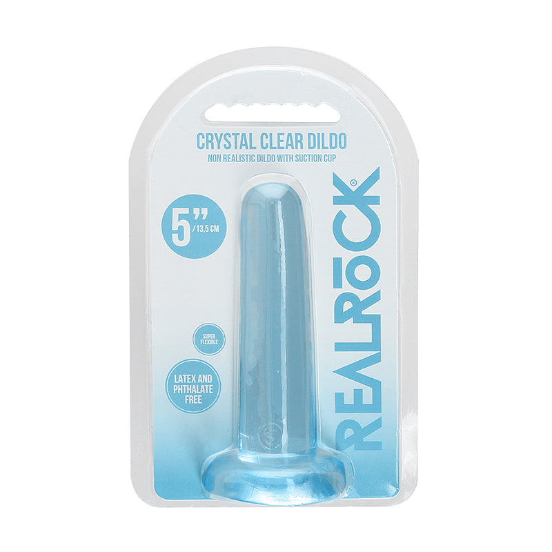 Consolador recto RealRock Crystal Clear de 5 pulgadas, no realista, con ventosa, color azul