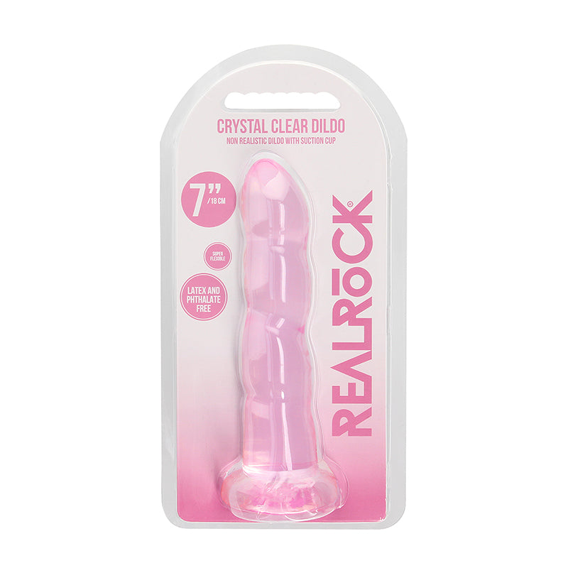 Consolador retorcido RealRock Crystal Clear de 18 cm con ventosa, color rosa