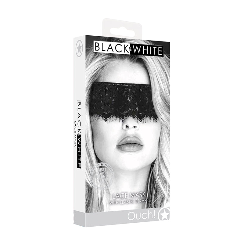 ¡Ay! Mascarilla de encaje blanco y negro con tiras elásticas y antifaz negro