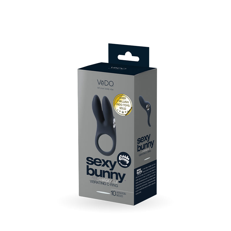 Anillo vibrador recargable Vedo Sexy Bunny con forma de C, color negro perla