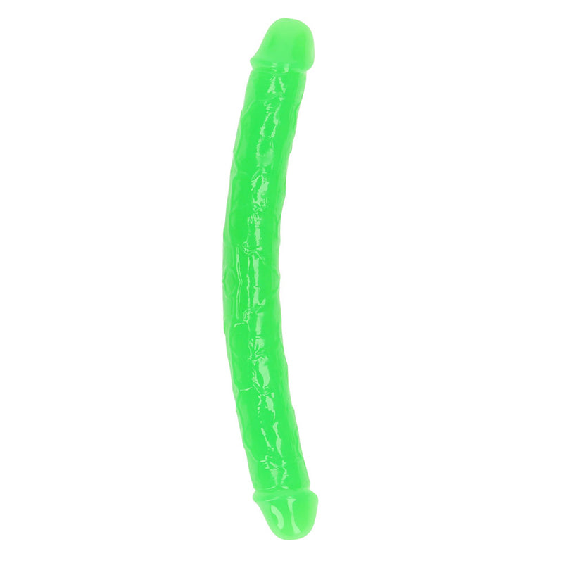 Consolador doble RealRock de 30 cm con doble punta que brilla en la oscuridad, color verde neón