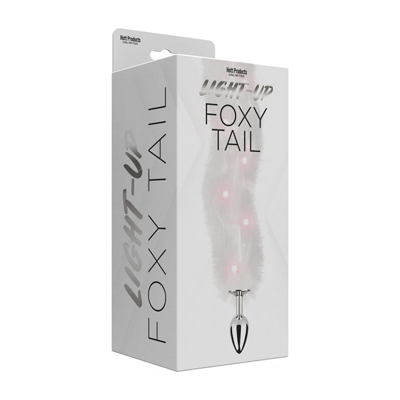 Tapón anal de piel sintética con luz Foxy Tail y patrón de luces multicolor en blanco