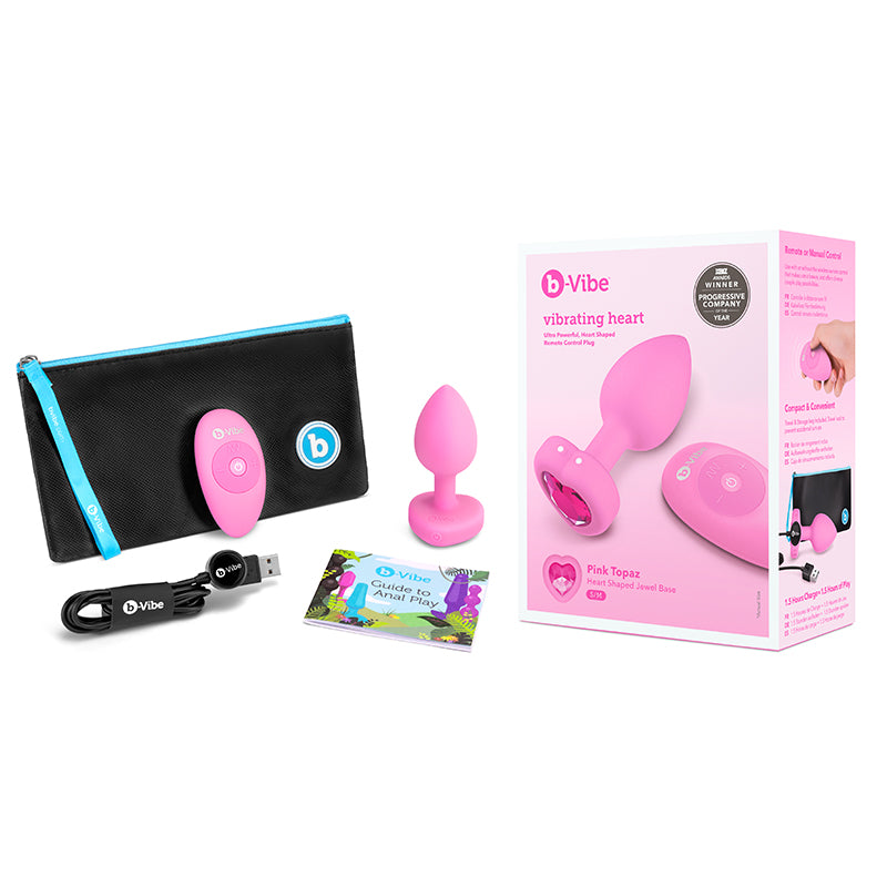 Plug anal b-Vibe Vibrating Heart recargable con control remoto y base de joya en forma de corazón (talla S/M), color rosa
