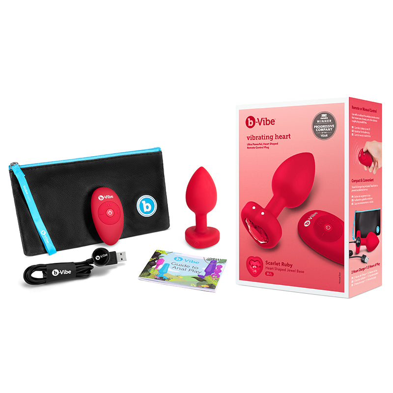 Plug anal b-Vibe con forma de corazón, recargable, con control remoto y base de joya en forma de corazón, talla M/L, rojo