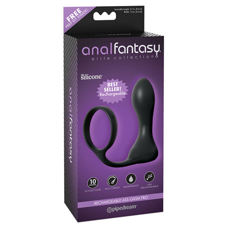 Pipedream Anal Fantasy Elite Collection Rechargeable Ass-Gasm Pro Vibrating Silicone Cockring & Plug Black