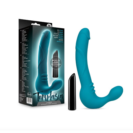 Blush Temptasia Luna 9 in. Silicone Strapless Strap-On Dildo with Rechargeable Bullet Vibrator Teal