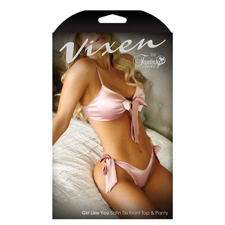 Fantasy Lingerie Vixen Girl Like You Satin Tie-Front Top & Matching Side-Tie Panty Light Pink L/XL