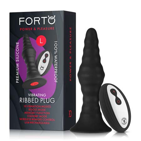 Forto Vibrating Ribbed Plug Rechargeable Remote-Controlled Silicone Anal Plug Large Black