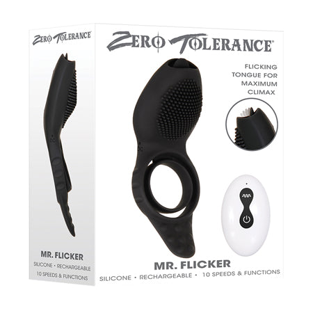 Anillo vibrador de silicona para el pene Mr. Flicker, recargable, con control remoto y lengua, Zero Tolerance, color negro
