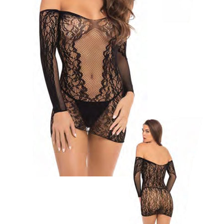 Rene Rofe Demure Long Sleeve Mini Dress Black M/L