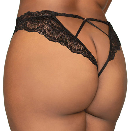 Dreamgirl Lace Tanga Open-Crotch Panty and Elastic Open Back Detail Black 2X Hanging