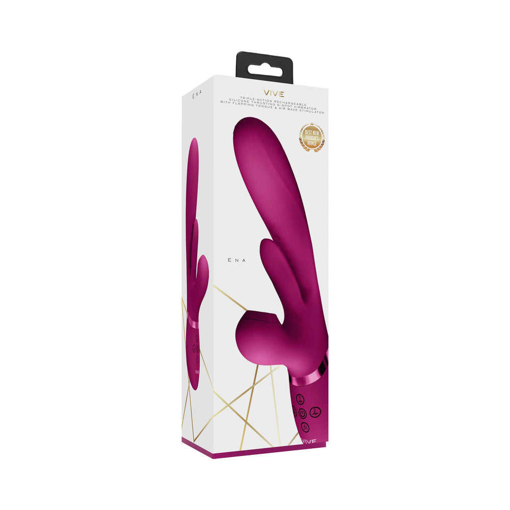 VIVE ENA Rechargeable Thrusting Silicone G-Spot Vibrator with Flapping Tongue and Air Wave Stimulator Pink