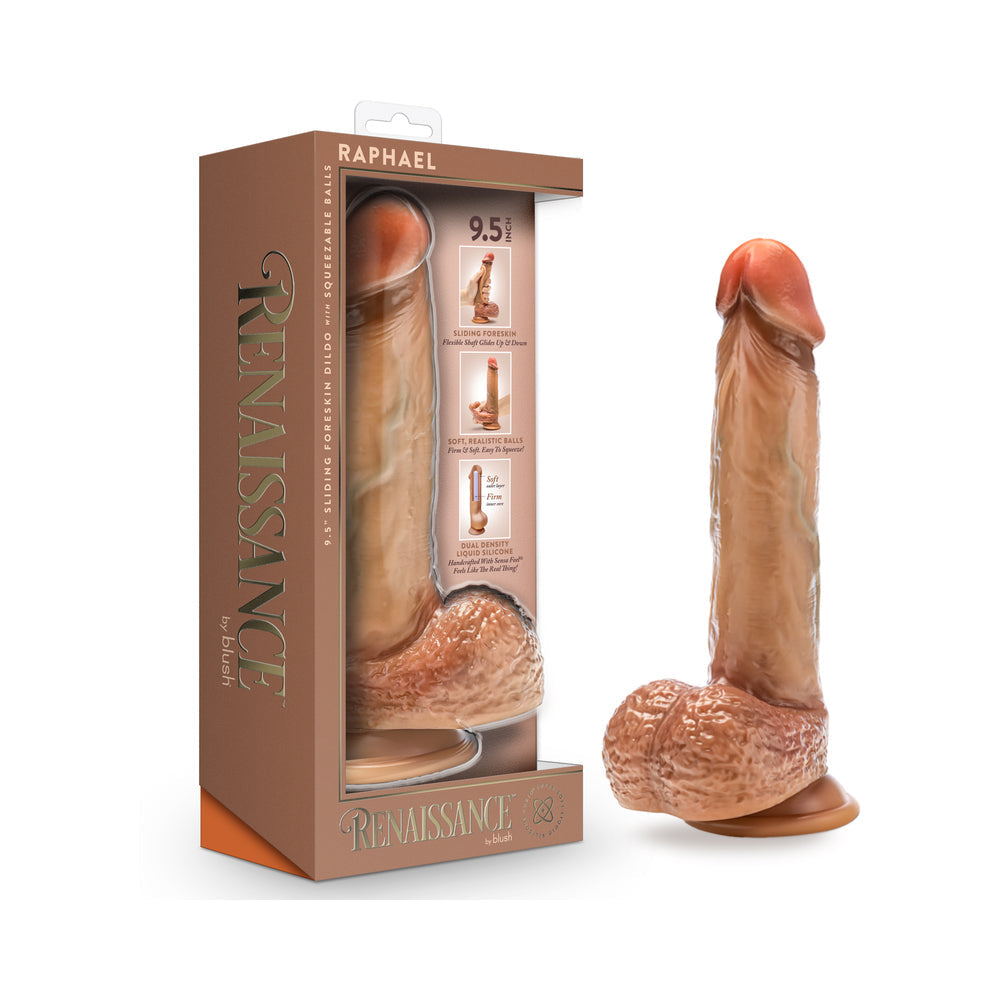 Renaissance Raphael Sliding Foreskin Dildo with Squeezable Balls 9.5 in. Tan