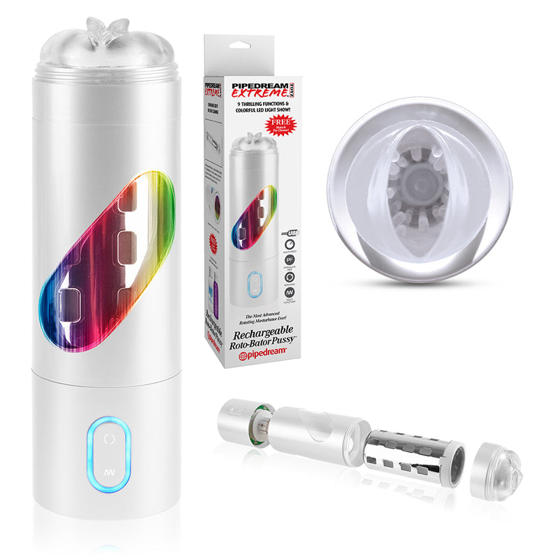 PDX Rechargeable Roto-Bator Pussy Light-Up Rotating Stroker Clear/White