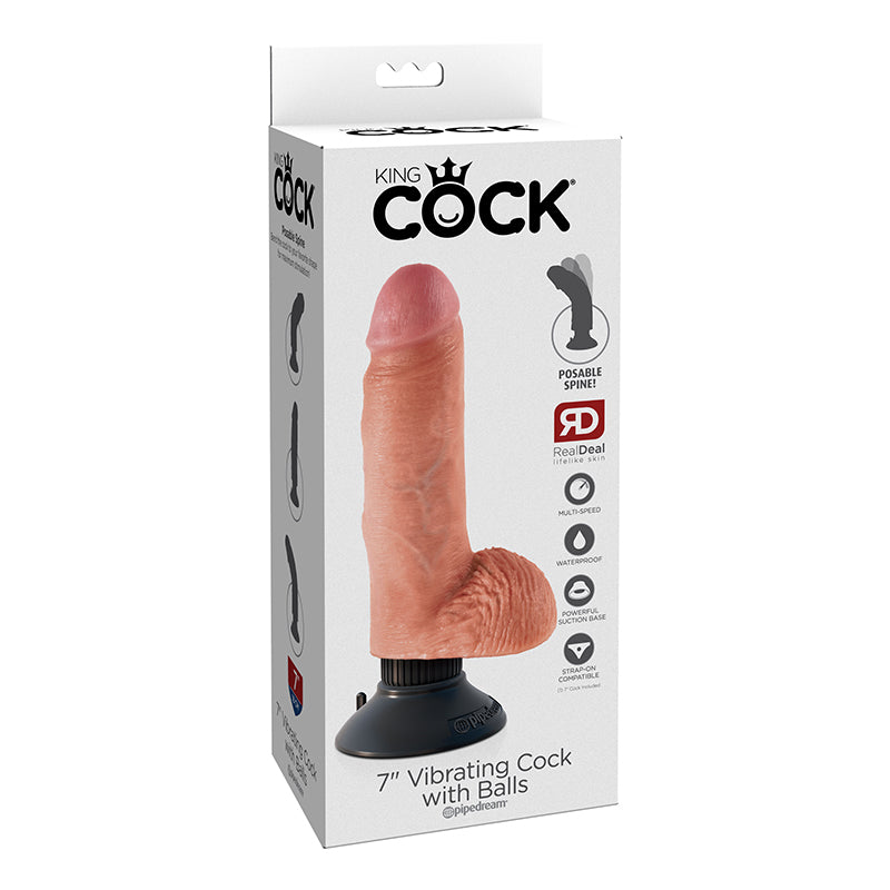 Pipedream King Cock 7 in. Vibrating Cock With Balls Poseable Suction Cup Dildo Beige