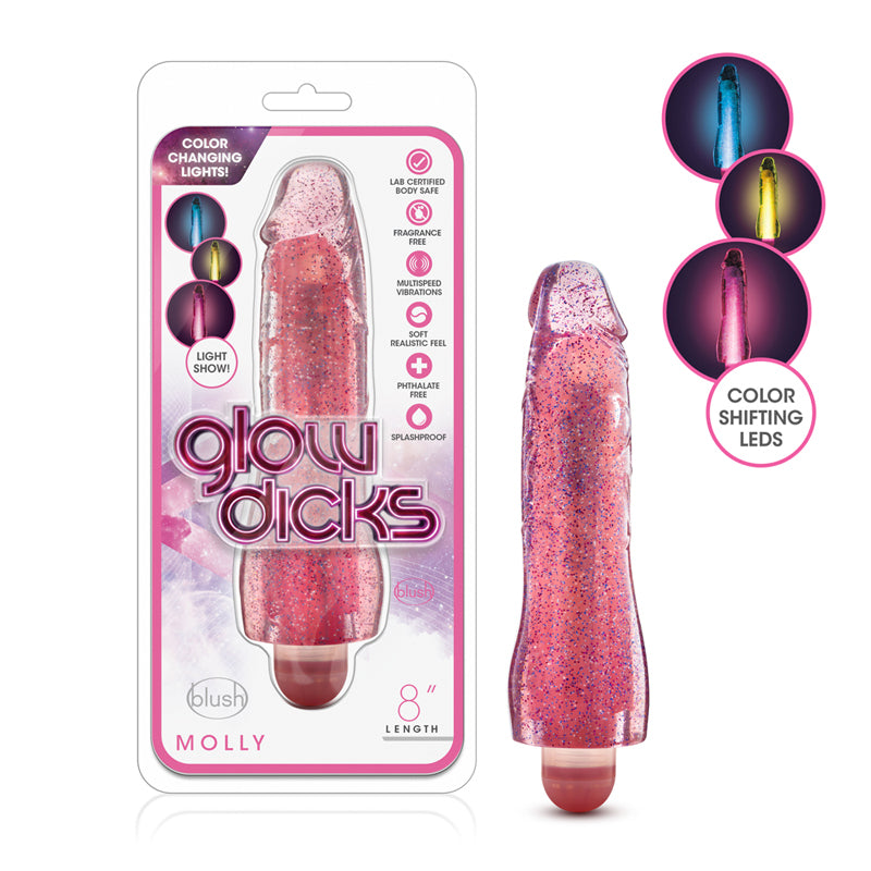 Blush Glow Dicks Molly Color Changing 8 in. Vibrating Dildo Glitter Pink