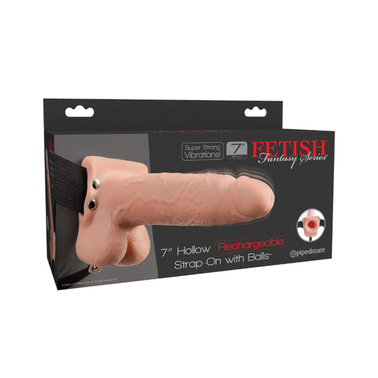 Pipedream Fetish Fantasy Series Rechargeable Vibrating 7 in. Hollow Strap-On With Balls Beige/Black