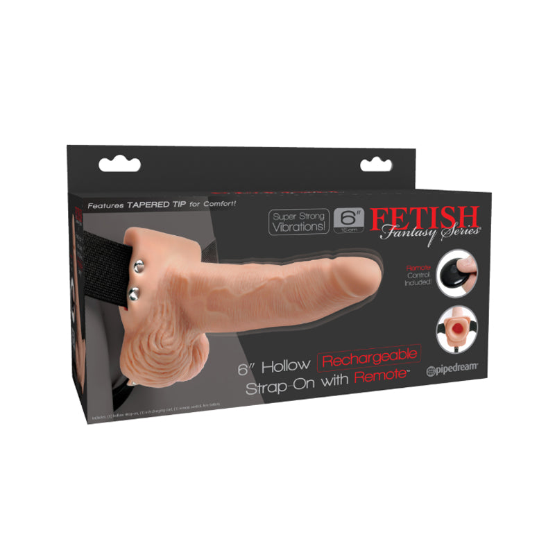 Pipedream Fetish Fantasy Series Rechargeable Remote-Controlled Vibrating 6 in. Hollow Strap-On With Balls Beige/Black