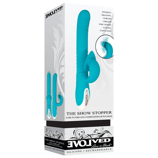 Evolved The Show Stopper Rechargeable Thrusting Twirling Dual Stimulator Teal