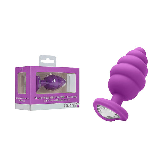 Ouch! Regular Silicone Ribbed Diamond Heart Anal Plug Purple