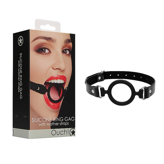 ¡Ay! Mordaza de silicona ajustable con aro y correas de cuero, color negro