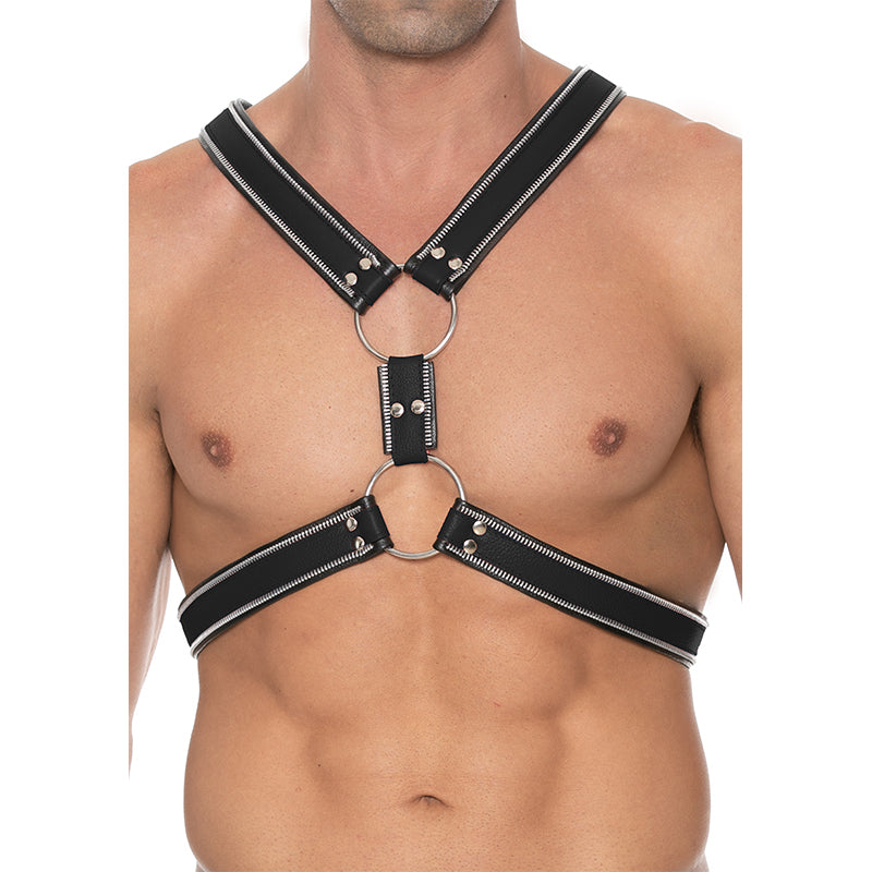 Shots Premium Leather Zipper Series Adjustable O-Ring Bulldog Harness Black S/M