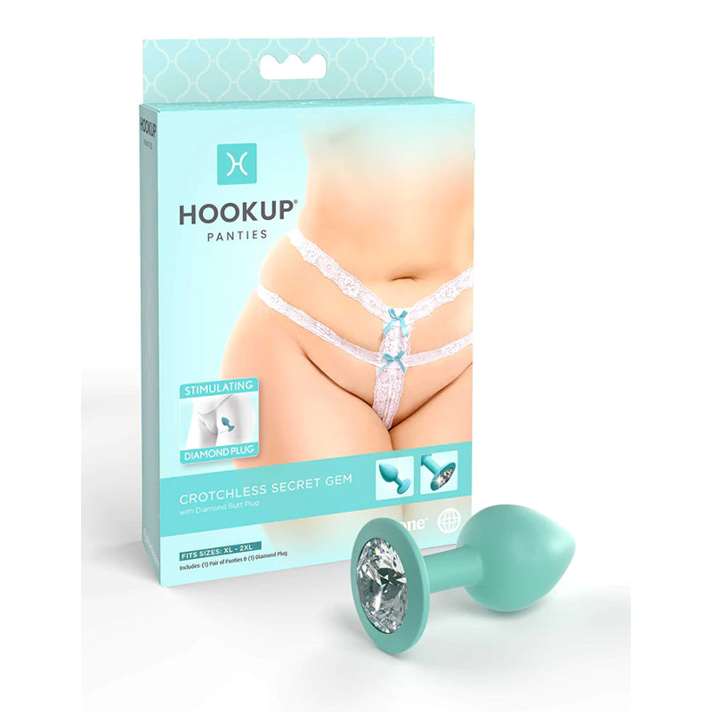 Pipedream Hookup Panties Crotchless Secret Gem With Diamond Silicone Anal Plug White/Aqua XL-XXL