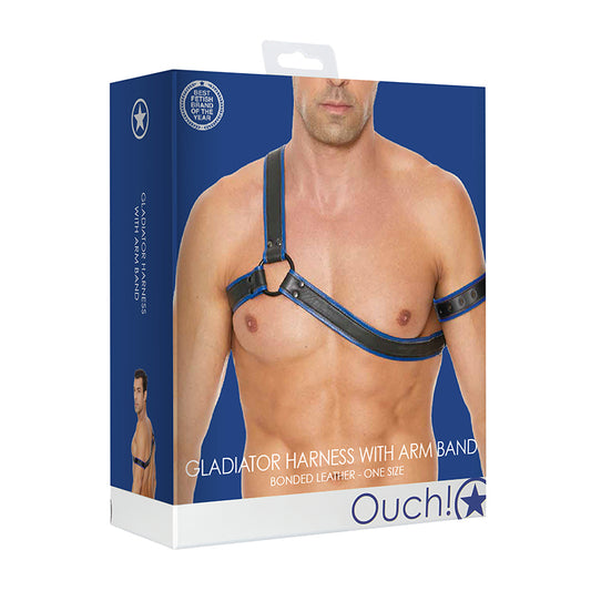 Ouch! Bonded Leather Gladiator Harness With Arm Band Blue O/S