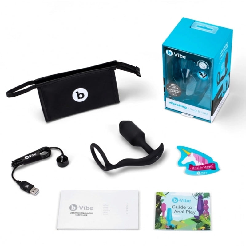 Tapón anal de silicona con peso y anillo para el pene b-Vibe Snug &amp; Tug, recargable, tamaño M, color negro