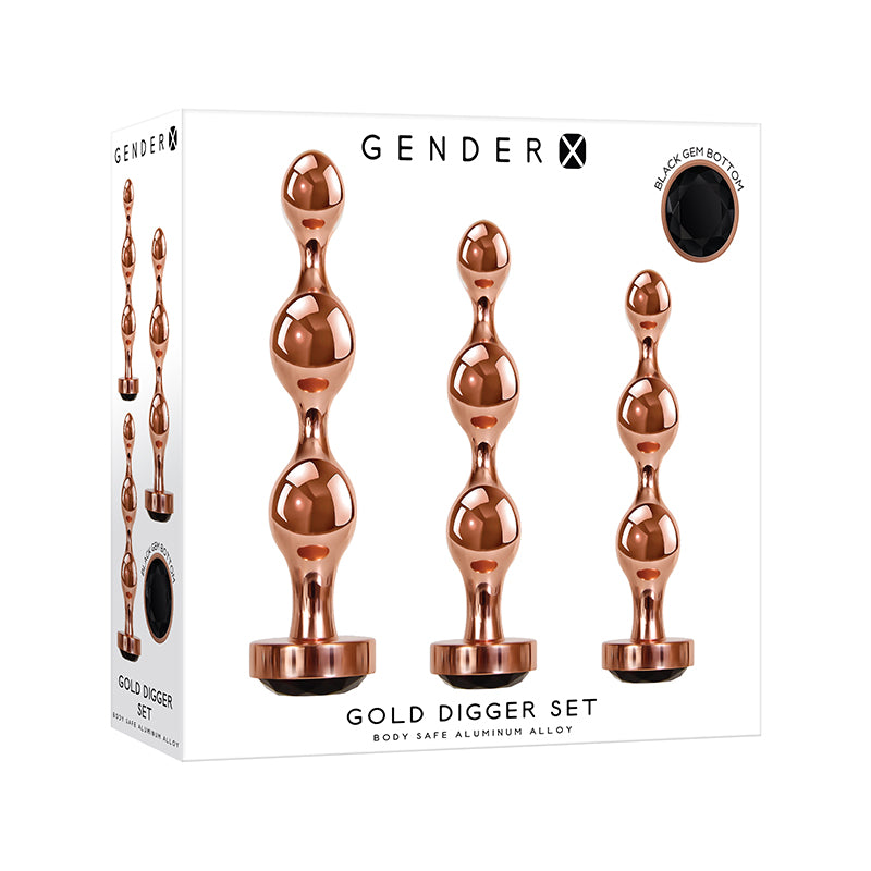 Gender X Gold Digger 3-Piece Rose Gold Beaded Anal Plug With Black Gemstone Base Set