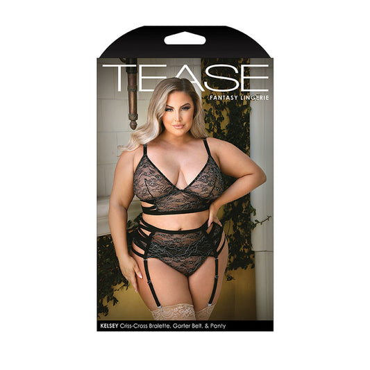 Fantasy Lingerie Tease Kelsey Criss-Cross Metallic Lace Bralette, Garter Belt & Panty Black 3XL/4XL