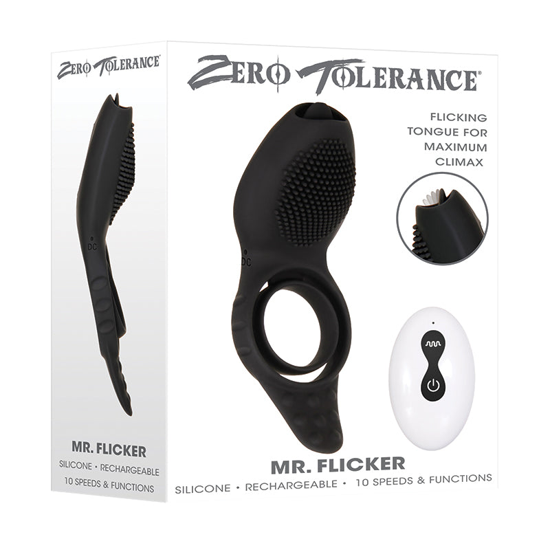 Anillo vibrador de silicona para el pene Mr. Flicker, recargable, con control remoto y lengua, Zero Tolerance, color negro