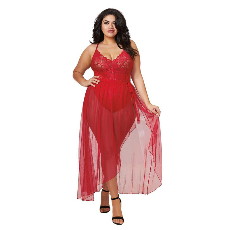 Dreamgirl Plus-Size Stretch Lace Teddy & Sheer Mesh Maxi Skirt With Adjustable Straps & G-String Rouge Queen 1X Hanging