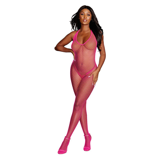 Dreamgirl Diamond-Net Halter Bodystocking With Open Crotch Neon Pink OS