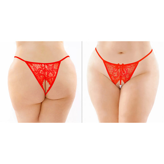 Fantasy Lingerie Calla Crotchless Lace Pearl Panty Red Queen Size