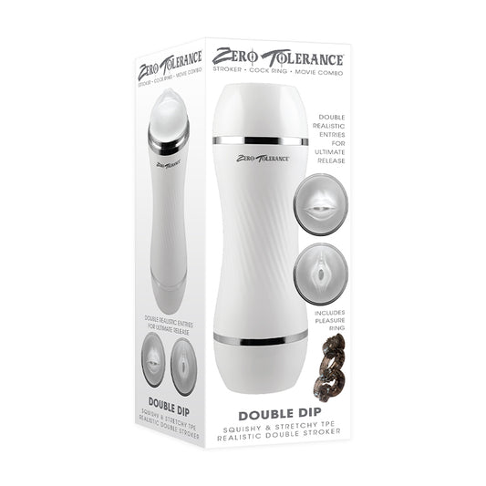Masturbador realista de doble extremo Zero Tolerance Double Dip con descarga de película, color blanco