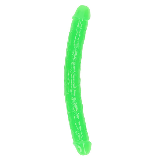 Consolador doble RealRock de 30 cm con doble punta que brilla en la oscuridad, color verde neón