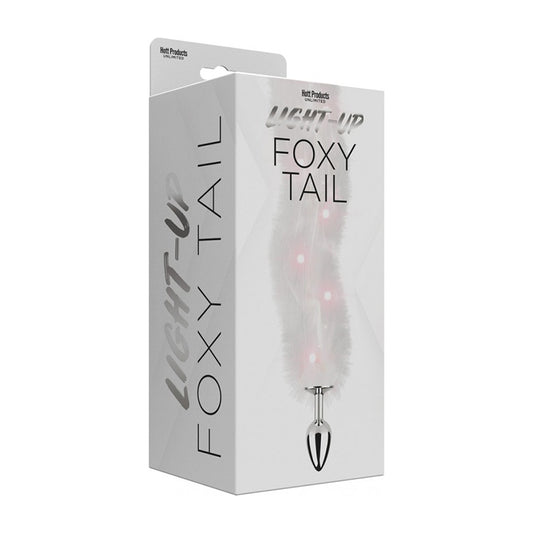 Tapón anal de piel sintética con luz Foxy Tail y patrón de luces multicolor en blanco